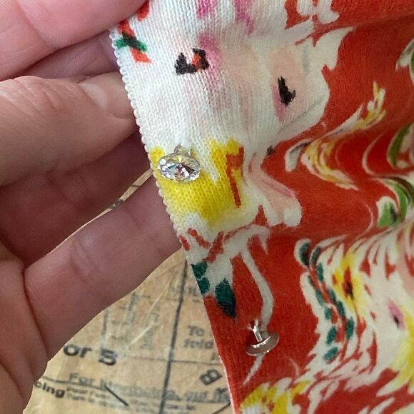 Fashion Instinct Orange Green Colorful Floral Cardigan Gem Button sz XXS - Picture 10 of 11